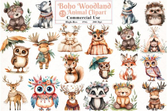 Download Watercolor Boho Woodland Animal Clipart - Boho Collection