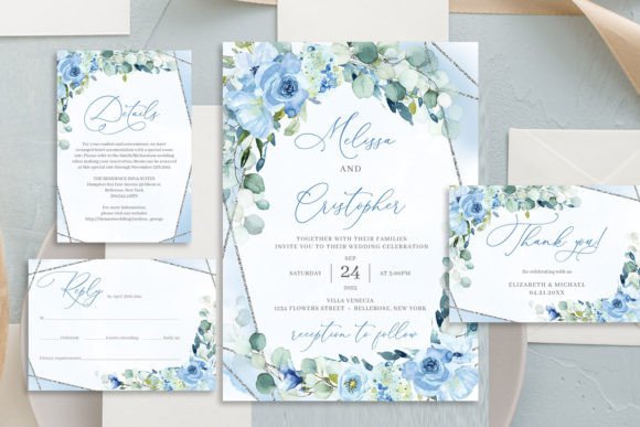 Download Dusty Blue Floral Wedding Invitation Set - Premium Resources