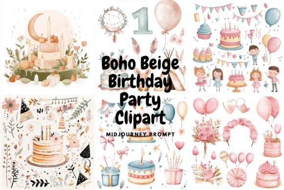 Download PromptBoho Beige Birthday Party Clipart - Boho Collection