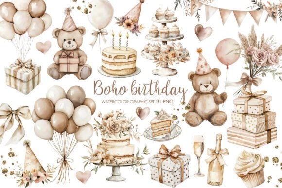 Download Boho Beige Birthday Party Clipart. - Boho Collection
