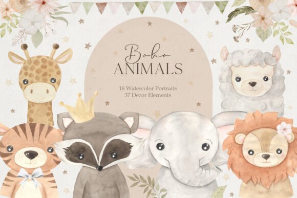 Download Boho Animal Portraits Watercolor Clipart - Boho Collection