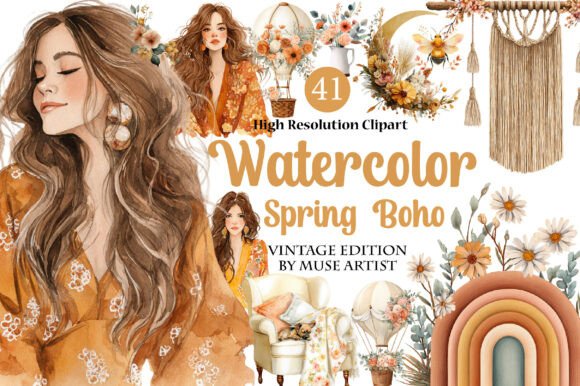 Download Watercolor Spring Boho Clipart - Boho clipart Collection