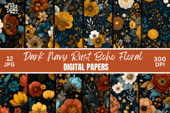 Download Dark Navy Rust Boho Floral Digital Paper - Boho Collection