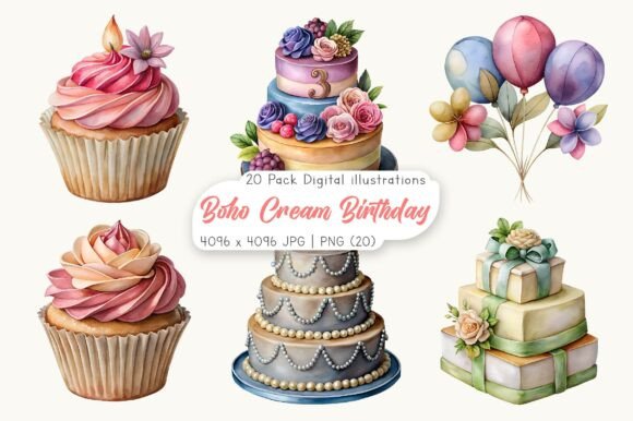 Download Watercolor Boho Cream Birthday Clipart - Boho Collection