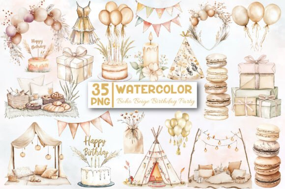 Download Boho Beige Birthday Party Clipart - Boho Collection