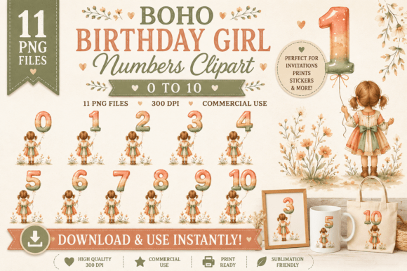Download Boho Birthday Girl Numbers Clipart PNG - Boho Collection