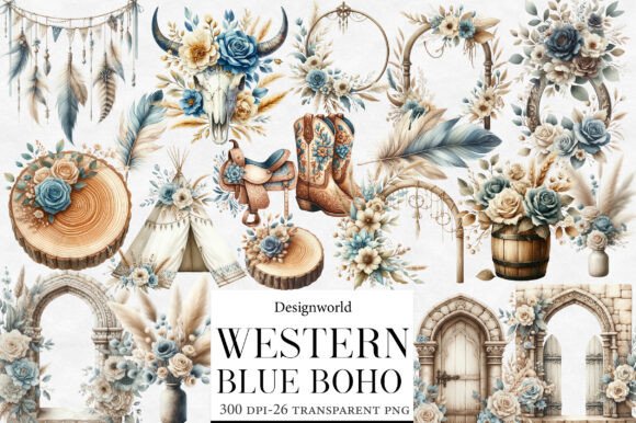 Download Watercolor Blue Western Boho Clipart - Boho clipart Collection