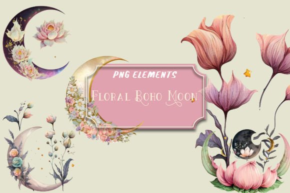 Download Watercolor Floral Boho Moon Clip Art Png - Boho Collection